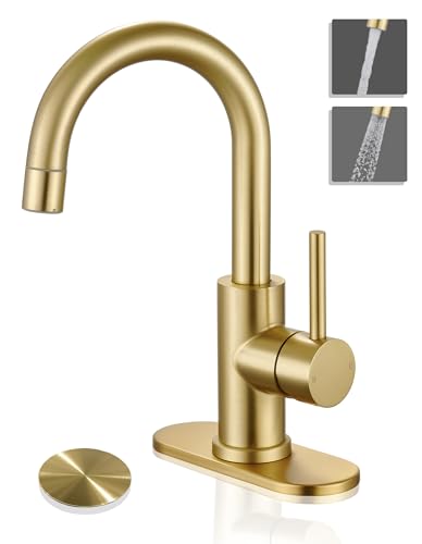 Tohlar Brushed Gold Bathroom Faucet with 2 Mode Sprayer | Bar Sink Faucet with Deck Plate for 1 or 3 Holes, 360° Swivel, with Pop Up Drain, for Vanity RV Laundry - color: Brushed Gold with Deck Plate