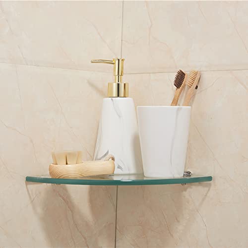 Kingrol 3 Pack Drill-Mounted Glass Corner Shower Shelves, 9-3/8 Inch | 3 Separate Shelves for True 90° Corners, 4 Brackets Per Shelf, Approx. 9.75-Inch Installed Corner Depth