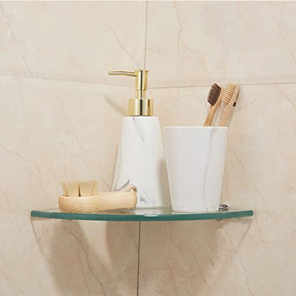 Kingrol 3 Pack Drill-Mounted Glass Corner Shower Shelves, 9-3/8 Inch | 3 Separate Shelves for True 90° Corners, 4 Brackets Per Shelf, Approx. 9.75-Inch Installed Corner Depth