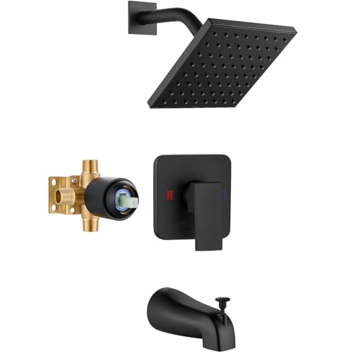 Heyalan 6 Inch Shower Set with Tub Spout and Valve,Matte Black | 6-inch square rainfall head, tub spout with diverter, male-thread rough-in valve, single-handle control and wall-mount design - color: Matte Black, size: 6 Inch Square Shower Head