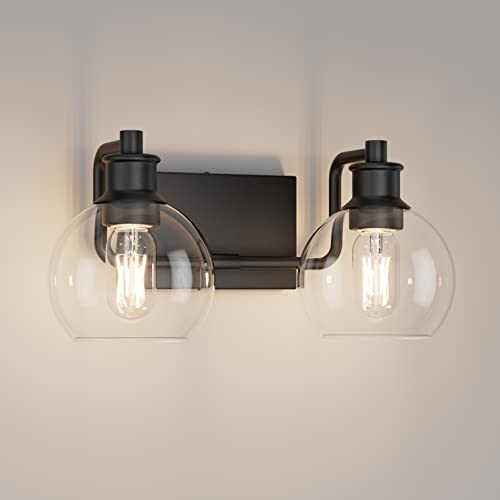 Tipace 2 Lights Industrial Bathroom Vanity Light Fixtures Over Mirror Black Vintage Vanity Lights with Globe Clear Glass Farmhouse Wall Sconces Fixture(Exclude Bulb) - color: Black, size: 2-Light