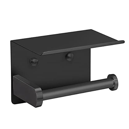 VAEHOLD Self Adhesive Toilet Paper Holder with Phone Shelf Stainless Steel Wall Mounted Toilet Paper Roll Holder - Rustproof and Bathroom Washroom Tissue Roll Holder with Shelf - Black - color: Black