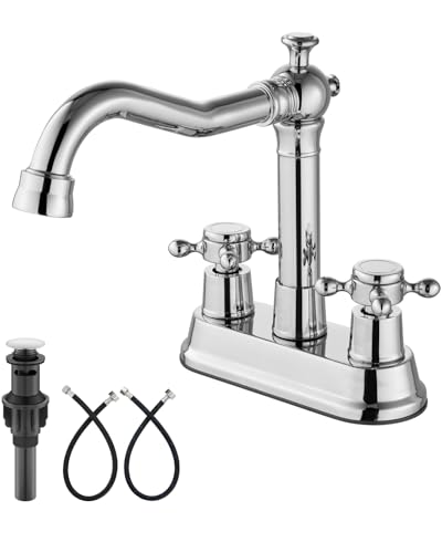Aolemi 4 Inch Centerset Bathroom Sink Faucet Vintage 2 Cross Handle RV Mixer Tap Basin Vanity Lavatory Utility for Sink 3 Hole Include Hoses Pop Up Drain Faucet Handle Without Label Polish Chrome - color: Polish Chrome, style: Faucet Handle without Label