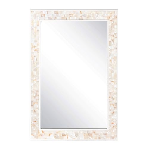 30x40 Inch Large Bathroom Mirror with White Wood Frame | Rectangular Wall Mirror, Handcrafted Mother of Pearl Mosaic Inlay, 3mm Tempered Glass, Horizontal Vertical Wall Mount Decor - size: 40"L x 30"W
