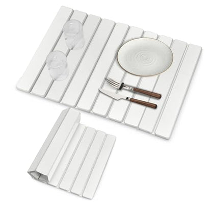 Large Stone Dish Drying Mat for Kitchen Counter, 24"(L)×16"(W), Collapsible Quick Drying Mat, Absorbent Eco-Friendly Diatomaceous Earth Mats for Dishes Bottles and Match Any Countertop【White】