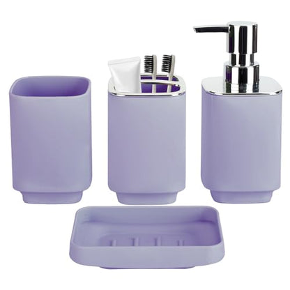 4Pcs Lavender Bathroom Set, Square Boho Soap & Toothbrush Holder Set | Thick shatterproof ABS, electroplated rust-proof pump, drip-free, multi-slot holder, dustproof lids, easy-clean - color: Lavender, size: 4PCS