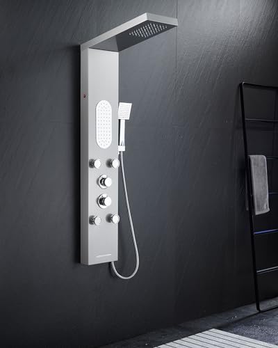5-Function LED Shower Panel Tower System 4 Jets Stainless Steel | LED rain head | 4 massage jets | Body waterfall spray | Handheld shower | Tub spout | Brushed finish - color: Brushed Nickel