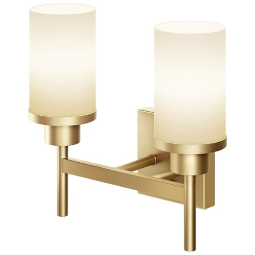 Vanity Lighting Fixtures with White Frosted Glass Shade, Double Wall Lamps for Bathroom Mirror Bedroom Living Room Washroom Porch, Gold T001GD-L2 - color: Brushed Gold, size: 2-Light