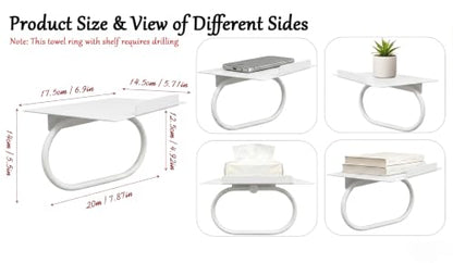 White Hand Towel Ring with Shelf, Wall Mounted Metal Towel Holder with Platform for Candle Phone Cosmetics Small Potted Plant, Towel Rack with Shelf for Home Office Bathroom Kitchen Entrance - color: White