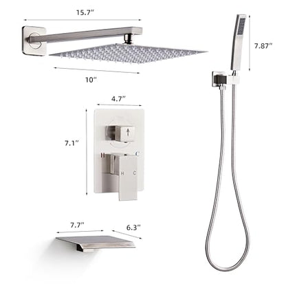 Shower Faucet Set with Tub Spout, Brushed Nickel Rainfall Shower System Complete Wall Mounted for Bathroom with 10 Inch Square Shower Head and Handheld Shower Head Rain Mixer Combo Set - color: Brushed Nickel, style: 10 Inch with Tub Spout