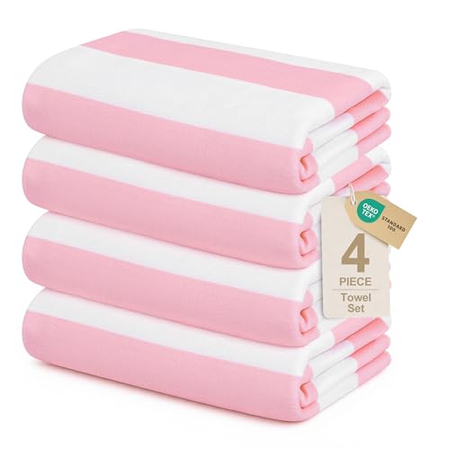 4 Pack Beach Towels Cabana Stripe Polyester Lightweight Quick-Dry Swim Pool Towel, 30'' x 60'' Oversized Compact Travel Bath Towel, Camping | Ultra-Portable, Multi-Functional, Pink - color: Pink 4pack
