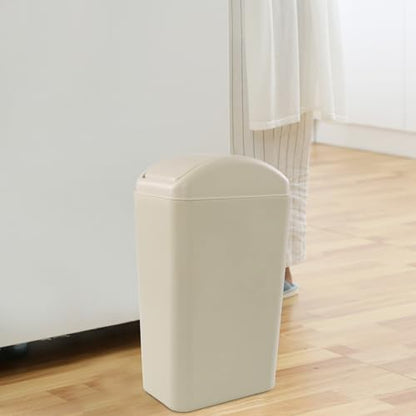 Obstnny 3.2 Gallon Slim Plastic Trash Can for Narrow Spaces, Khaki, 14L | Swing Lid Garbage Can Use at Home or Office