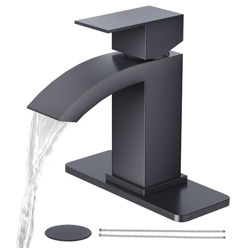 CREA Matte Black Waterfall Bathroom Faucet 1 Hole Single Handle Bathroom Sink Faucet with Pop Up Drain,Stainless Steel RV Vanity Faucet Basin Mixer Tap 3 Hole Plate Water Supply Line - color: Matte Black, style: Rectangular Spout