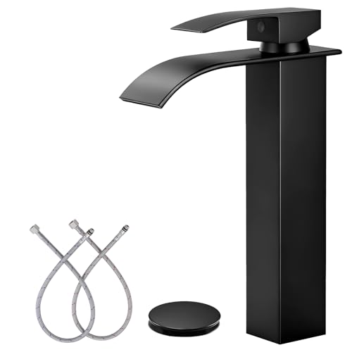 Black Waterfall Bathroom Faucet Single Handle Vessel Sink Faucet | Certified NSF cUPC DOE CEC SUS304 steel.waterfall spout,Bathroom Sink Fauce 1 hole,Pop-up Drain,Fits vanity,Bar sink - color: A-Matte Black, style: Tall