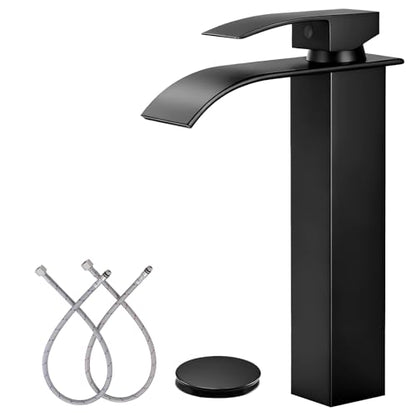 Black Waterfall Bathroom Faucet Single Handle Vessel Sink Faucet | Certified NSF cUPC DOE CEC SUS304 steel.waterfall spout,Bathroom Sink Fauce 1 hole,Pop-up Drain,Fits vanity,Bar sink - color: A-Matte Black, style: Tall