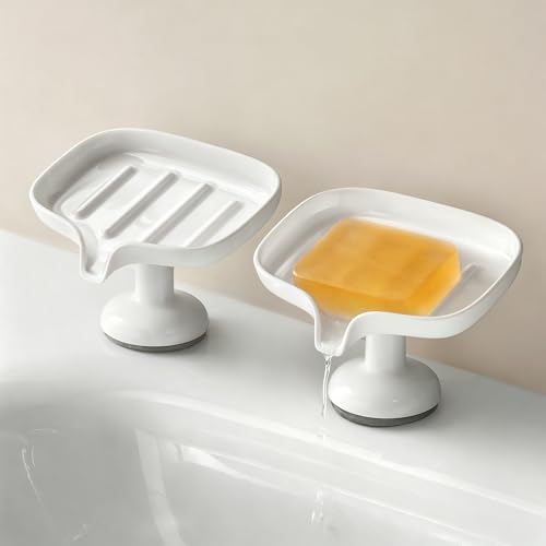 1PCS Self Draining Soap Dish with Suction Cup, Soap Holder for Shower, Bathroom, Sponge Holder for Kitchen Sink, Removable No Damage Stand Bar Soap Tray with Drain Spout Keeps Clean & Dry, White
