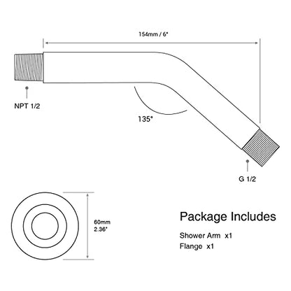 6 Inch Oil Rubbed Bronze Shower Arm and Flange Angled Head Pipe | Stainless Steel Wall Mounted Extension with Brushed ORB Finish, Antique Mediterranean Venetian Gooseneck Curved Shower Neck - color: Oil Rubbed Bronze, style: 6 inch