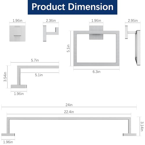 Gypie 24Inch Bathroom Accessory Set Wall Mounted, Brushed Nickel 5-Pieces | Stainless Steel Bathroom Hardware Set Towel Bar Set - color: Brushed Nickel 5 Piece, size: 24 Inch