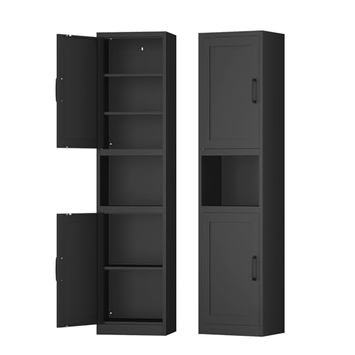 67" Tall Slim Pantry Cabinet, Narrow Bathroom Storage Cabinet | Metal Skinny Cabinet with Door and Adjustable Shelves, for Small Spaces, Kitchen, Bathroom, Laundry Room, Living Room, Black - color: Black, size: 67H