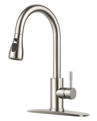 FORIOUS Kitchen Faucets with Pull Down Sprayer, High Arc, Brushed Nickel | Stainless Steel Single Handle, Traditional Bar Sink Faucet with Deck Plate for 1 or 3 Hole, Suitable for Farmhouse Rv Camper - color: Brushed Nickel, style: Traditional