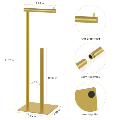 Toilet Paper Holder Stand Beige Gold Free Standing TP Holder, Metal Toilet Paper Roll Holder with Reserve Bathroom Tissue Storage Holder, Beige Gold - color: Beige Gold