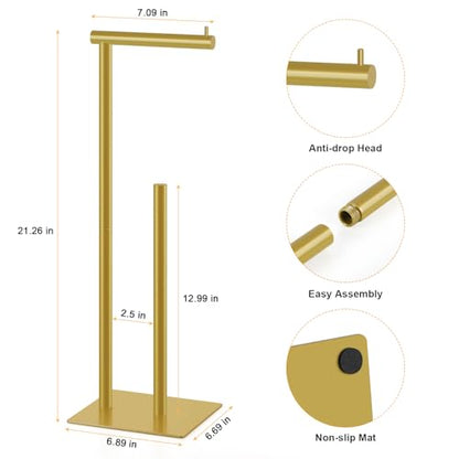 Toilet Paper Holder Stand Beige Gold Free Standing TP Holder, Metal Toilet Paper Roll Holder with Reserve Bathroom Tissue Storage Holder, Beige Gold - color: Beige Gold