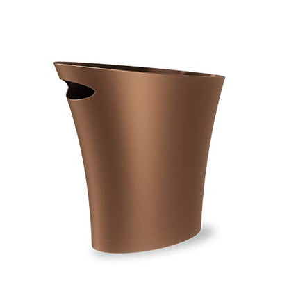 Umbra Skinny Trash Can, Slim Bathroom Garbage Can, 2 Gallon, Bronze | Built-in handle, fits narrow openings and odd spaces, strong construction, easy wipe clean, rounded corners