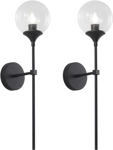 KCO Lighting Matte Black Industrial Wall Sconces Set of Two 1-Light Mid Century Bathroom Wall Mounted Light Sconce Modern Clear Bubble Glass Globe Wall Sconce Lamp Set of 2 - color: Black+Clear