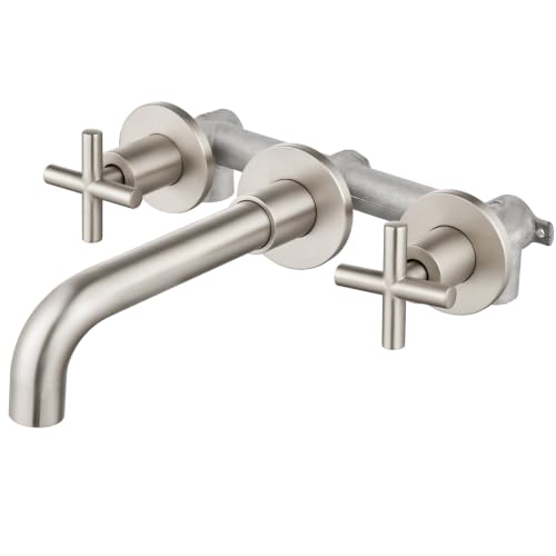 Airuida Solid Brass Brushed Nickel Wall Mount Bathroom Faucet | 360° Swivel Spout,Rough in Valve,2 Cross Handle,3 Hole,Widespread - color: Brushed Nickel