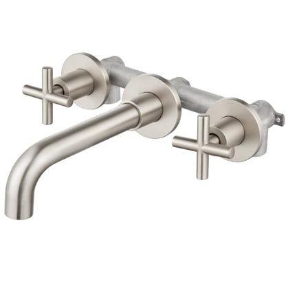 Airuida Solid Brass Brushed Nickel Wall Mount Bathroom Faucet | 360° Swivel Spout,Rough in Valve,2 Cross Handle,3 Hole,Widespread - color: Brushed Nickel