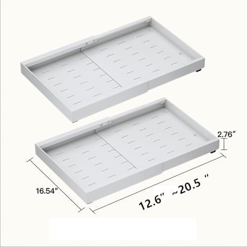 2PCS Expandable Pull Out Cabinet Organizer pots and pans organizer under cabinet Upgrade 3 Slide Rails Slide Out Drawers Roll Out Shelves Adhesive,Adjustable Width - size: (2pcs)16.54"D x12.6~20.5"W x 2.76"H