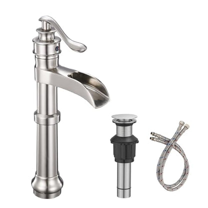 Waterfall Vessel Sink Faucet Single Hole Brushed Nickel | Bath Vanity, Commercial Deck Mount, Single Handle, Pop Up Drain and Supply Lines Included, Smooth Round Safe Edges - color: Brushed Nickel