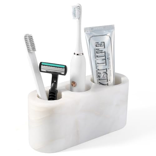 BCS Toothbrush Holder for Bathrooms, 3 Slots Marble Toothbrush Organizer, Makeup Brush Stand Toothbrush Storage Collection for Bathroom Countertop Vanity Organization - White - color: Karibib Ice, size: 3 Slots