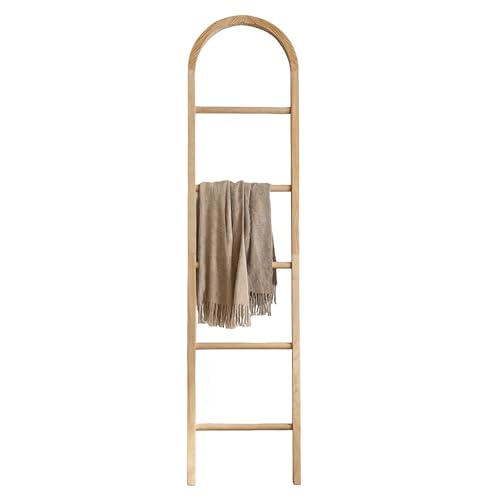 Wooden Blanket Ladder - Natural & Motley Wood - Leaning Wall Decor for Bedroom, Bathroom, Living Room - Rustic Quilt Holder & Towel Rack (Light Wood Color-Curved, 76in（5-Tier）) - color: Light Wood Color, Curved Top, size: 76"H, curved top
