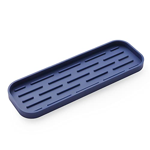 MicoYang Silicone Kitchen Sink Organizer Tray for Multiple Usage,Eco-Friendly Sponges Holder for Kitchen Bathroom Counter or Sink,Dish Soap Dispenser,Scrubber,Bottle,Cup (Navy Blue, 12"×4") - color: Navy Blue, size: 12" x 4" x 0.7"
