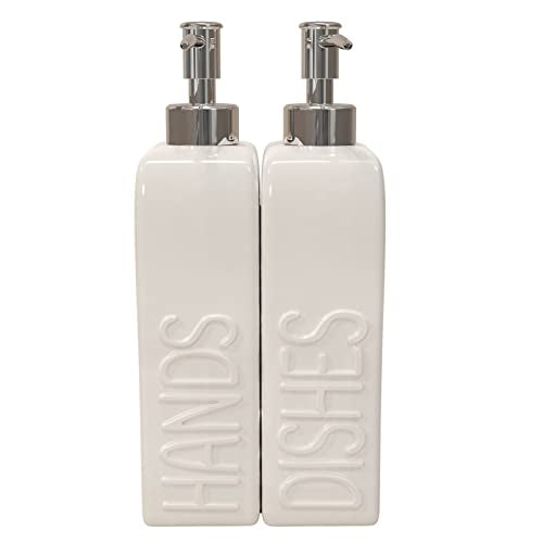 Soap Dispenser Set with Stainless Steel Pump, 2 Pack Ceramic Refillable Dish Soap and Hand Soap Dispenser for Kitchen, Bathroom, Matte White - color: White