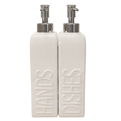 Soap Dispenser Set with Stainless Steel Pump, 2 Pack Ceramic Refillable Dish Soap and Hand Soap Dispenser for Kitchen, Bathroom, Matte White - color: White