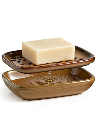 Miamolo Soap Dish with Draining, Bar Soap Holder Keeping Soap Bars Dry | 2-tier Tray Catch Drips, Mess-Free, Non-Slip Base | for Shower Bathroom Bathtub | Sponge Holder Kitchen Sink | Gift, Brown - color: Brown