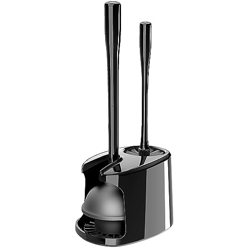 MR.SIGA Toilet Plunger and Brush with Holder for Toilet Cleaning, Black | Heavy duty toilet brush and plunger set, plunger toilet brush combo - color: Black
