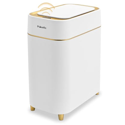 Pukomc Automatic Small Sensor Trash Can with Touchless Lid | 2.3 Gallon / 9L Smart Garbage Can, Quiet Close White Gold Waste Bin - Perfect for Kitchen, Living Room & Small Spaces - color: White