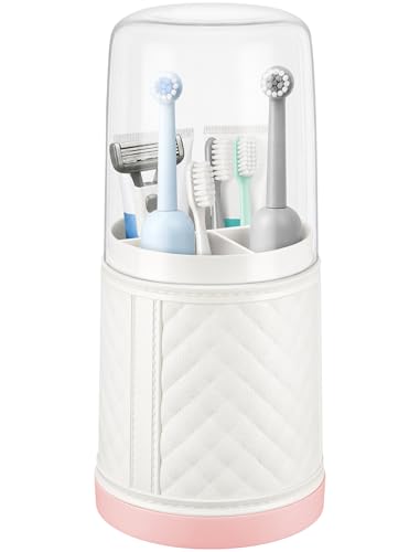 NiHome Covered Toothbrush Holder, 3-Slot PET Organizer with Drain Tray | 9.5 In, 3-Slot Electric Toothbrushes Holder with Clear Cover, Removable Drain Tray, Bathroom Counter Storage Organizer, White