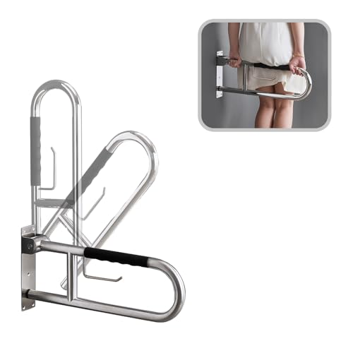 Toilet Grab Bar 23.6 Inch, BVTOURA Flip-Up Safety Rail with Soft Silicone Anti-Slip Finger-Grip Handle and Paper Holder, Stainless Steel U-Shaped Support Bar for Elderly Disabled, Brushed Nickel - color: Brushed Nickel, size: 24 IN