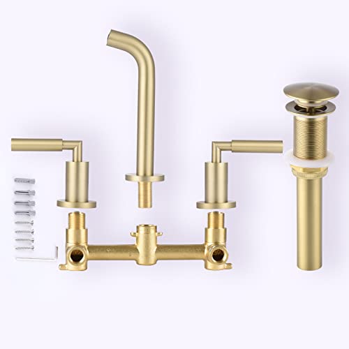 RBROHANT Gold Wall Mount Faucet with Pop up Drain Set for Sink Without Overflow, Brushed Gold Dual Handle Wall Mounted Bathroom Sink Faucet, Brass Rough-in Valve Included, RB0736D - color: Brushed Gold, style: Lever Handle Faucet with Drain