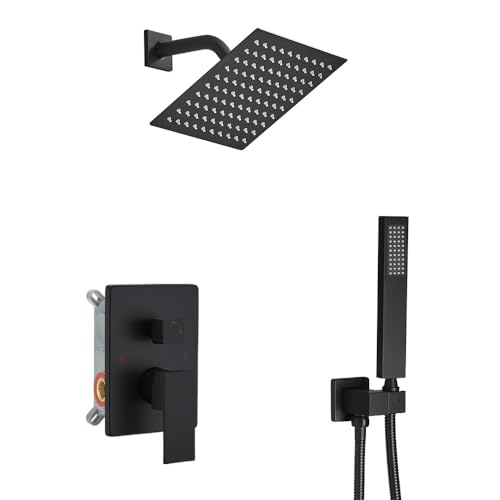 Matte Black Shower System Bathroom Rainfall Shower Faucet Set Complete Wall Mounted 6 Inch Shower Head and Handle Set with Rough-in Valve Body and Trim Kit - color: Matte Black, size: 6 Inch