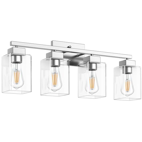 4-Light Bathroom Light Fixtures, Brushed Nickel Modern Vanity Lights, Bathroom Lighting Fixtures Over Mirror, Square Design Farmhouse Wall Sconces with Clear Glass Shades - color: Brushed Nickel, size: 4-Light