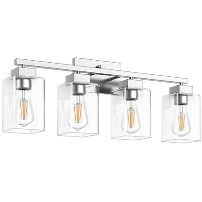 4-Light Bathroom Light Fixtures, Brushed Nickel Modern Vanity Lights, Bathroom Lighting Fixtures Over Mirror, Square Design Farmhouse Wall Sconces with Clear Glass Shades - color: Brushed Nickel, size: 4-Light