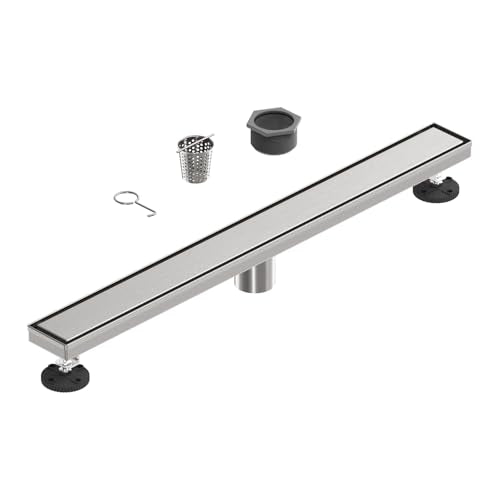 28 Inch Linear Shower Floor Drain, Stainless Steel | Bathroom Floor Drains, Rectangular Shower Trench Floor Drain, Hair Strainer, Brushed Nickel