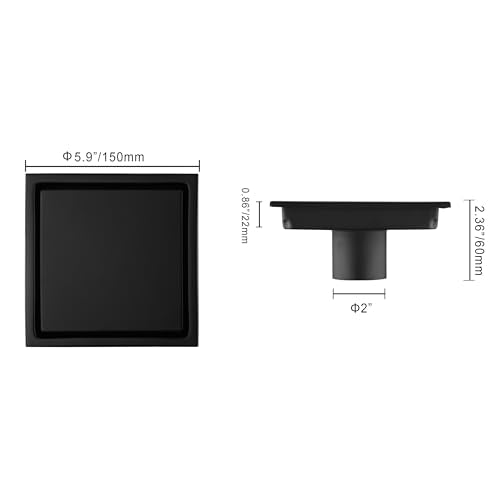 304 Stainless Steel Square Shower Floor Drain with Tile Insert Grate Removable Cover 6 inch Long, Matte Black Plated Finished