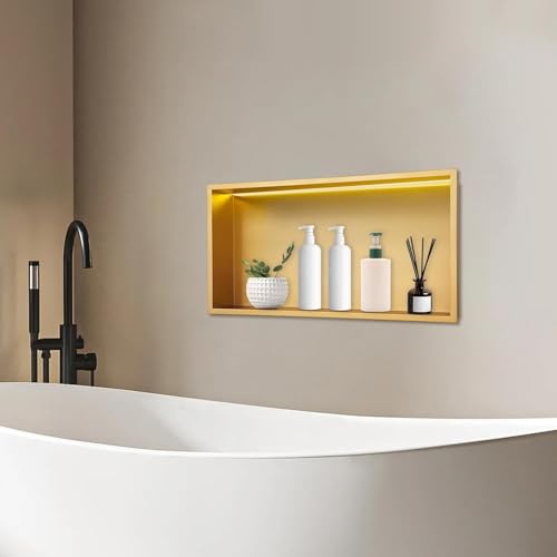 Libsaerty LED Shower Niche with Lights, Waterproof Gold Bathroom Niche Insert, Recessed Wall Shelf for Tile-Free Install, 24x12 Inch Storage for Shampoo, 304 Stainless Steel, 44LbsLoad, Easy Assembly