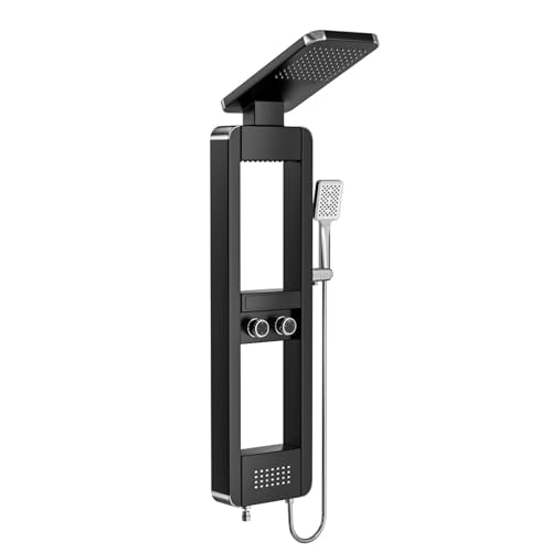 ELLO&ALLO Shower Panel Tower System with Shelf, Rainfall Shower Head and Rain Massage System with Body Jets, Stainless Steel Bathroom Fixtures, Black&Chrome